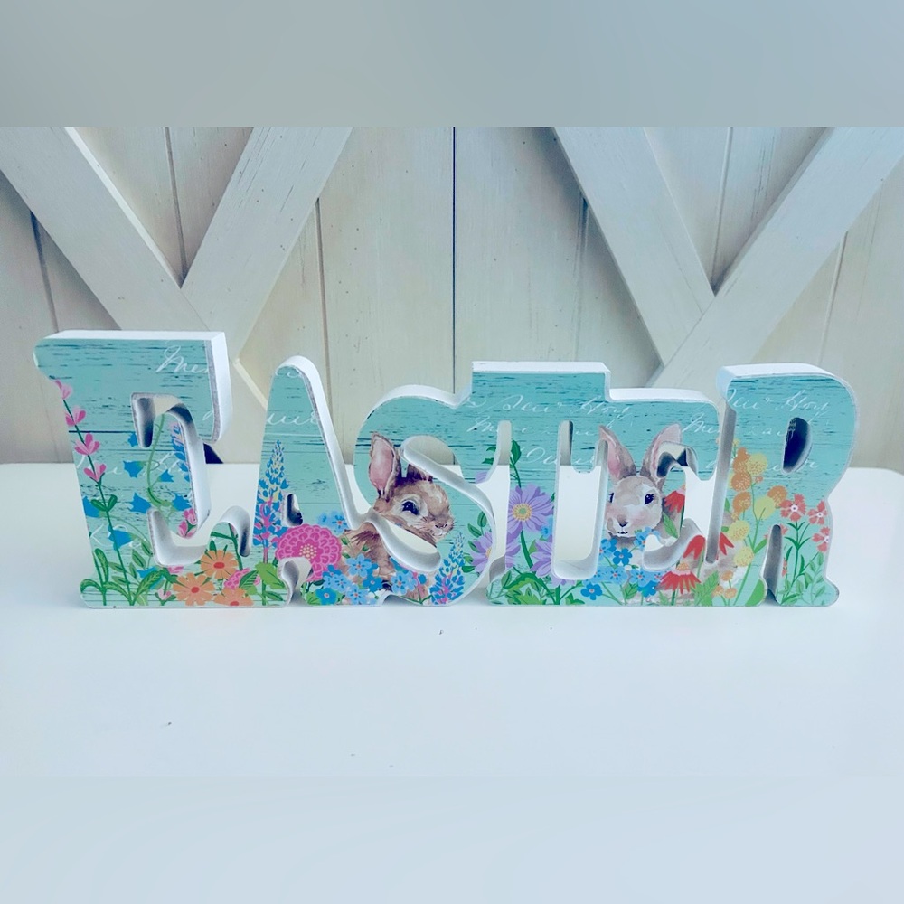 Easter Sign Wood Decor Flowers, Bunnies and Carrots Holiday 14” NWT